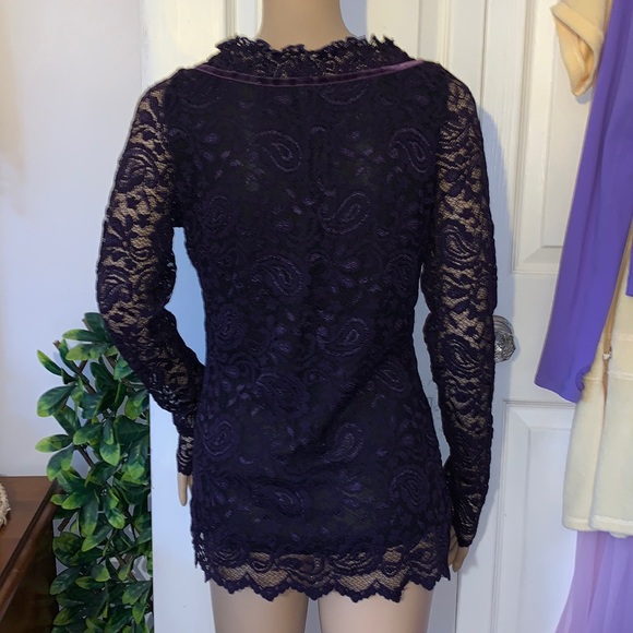 Vintage 90s royal purple stretch lace velvet ribbon square neck tunic top L - Picture 15 of 16